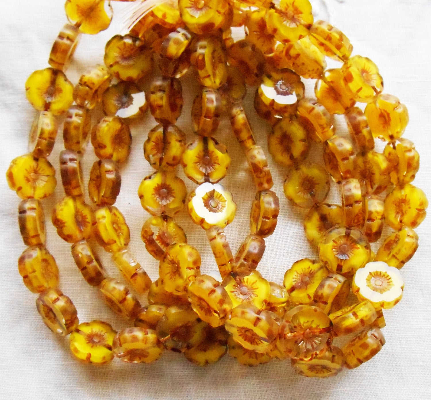 Six 14mm Czech glass flower beads - table cut, carved, yellow picasso Hawaiian floral beads C02101