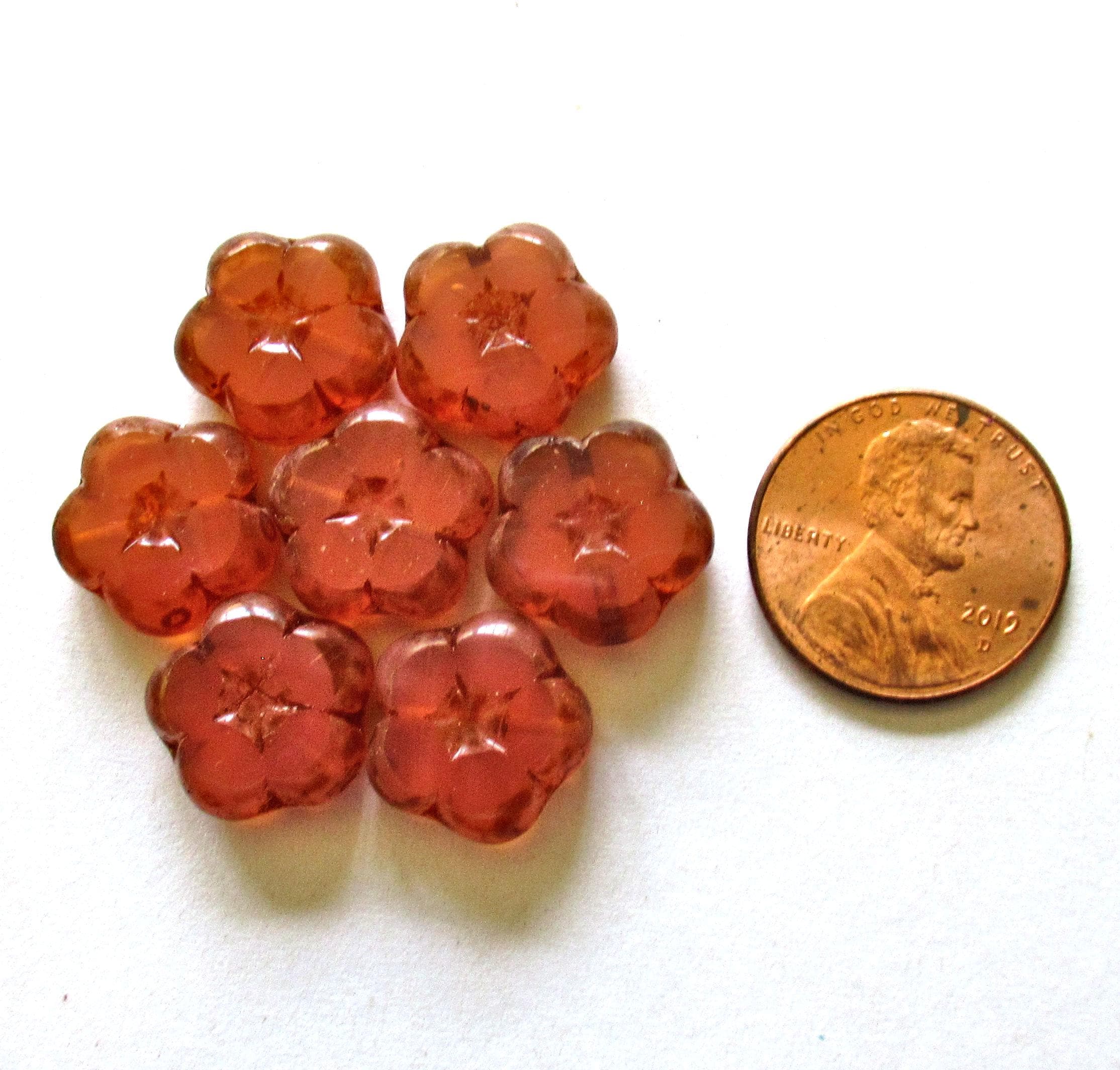 Six Czech glass flower beads - 14mm - translucent salmon pink w/ picasso accents - table cut & carved - C00541