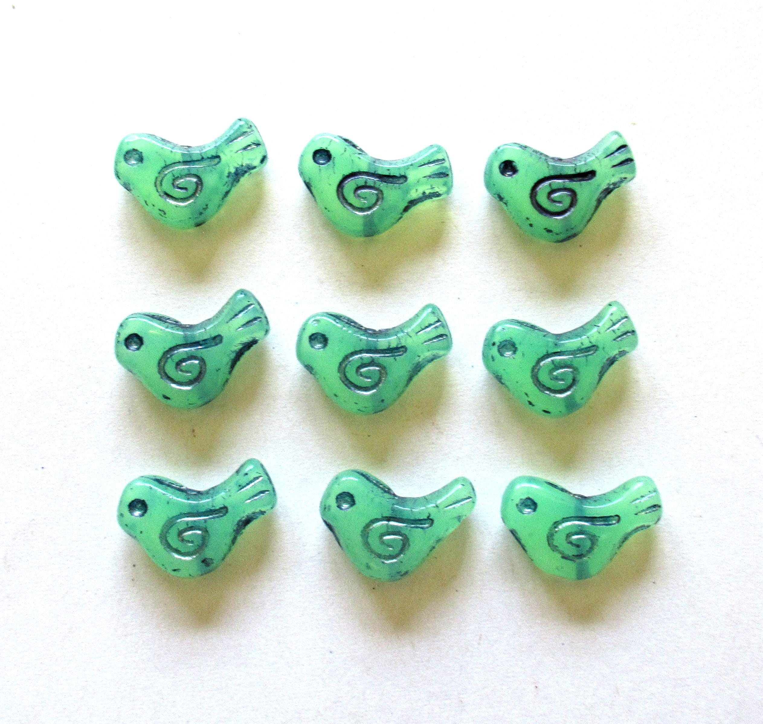 8 Czech glass bird beads - 12 x 16mm - translucent green opal with a blue wash - Vaseline / uranium glass beads C0621