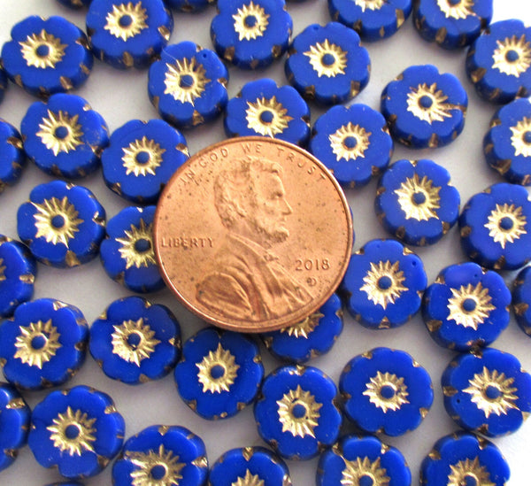15 8mm Czech glass flower beads - opaque royal blue with gold accents - table cut, carved Hawaiian flower beads C00431
