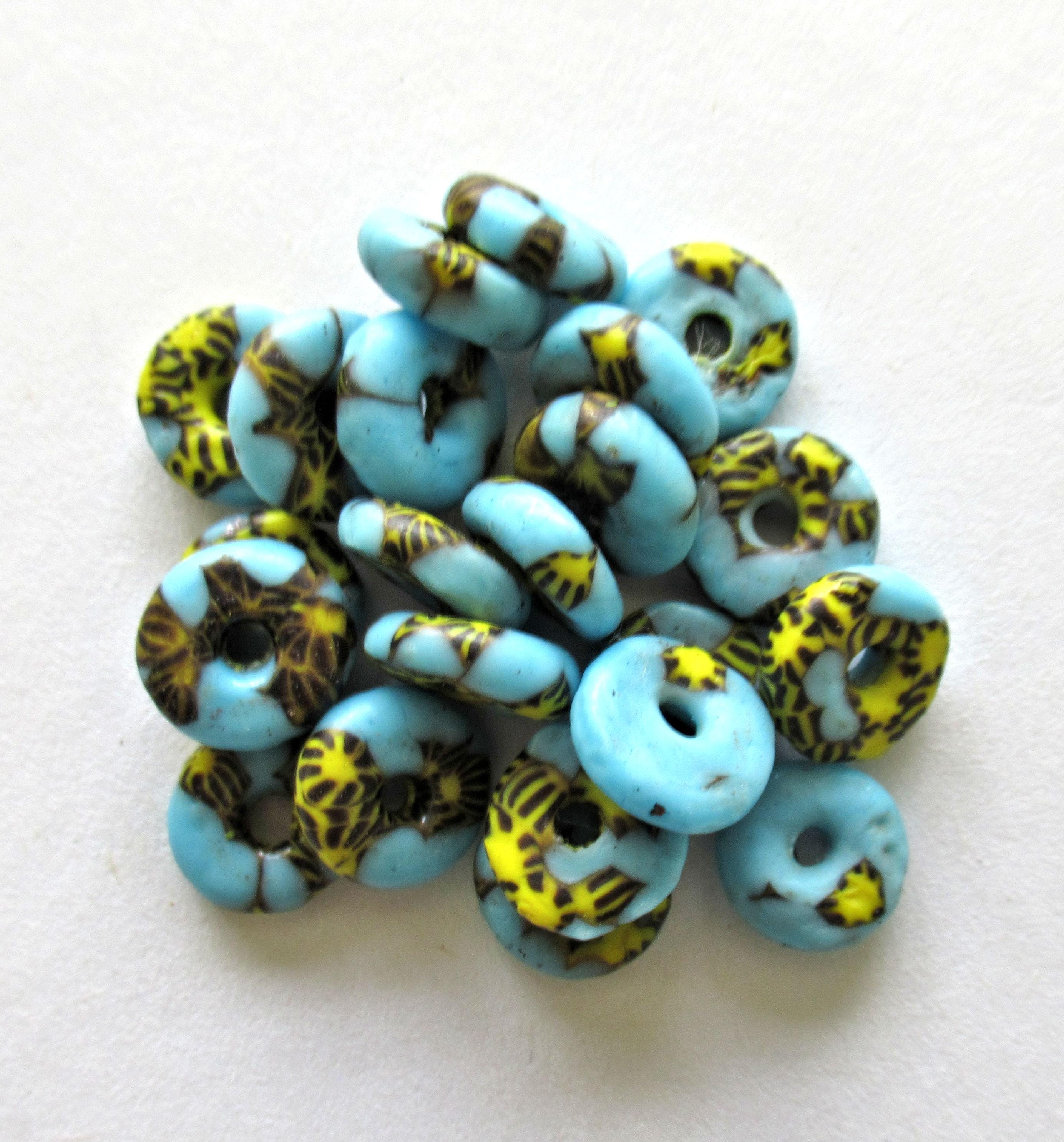 15 African recycled glass rondelle spacer beads - blue yellow & black beads - 10 to 11mm by 3.5mm thick - big hole - rustic beads - 00521