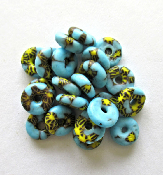 15 African recycled glass rondelle spacer beads - blue yellow & black beads - 10 to 11mm by 3.5mm thick - big hole - rustic beads - 00521