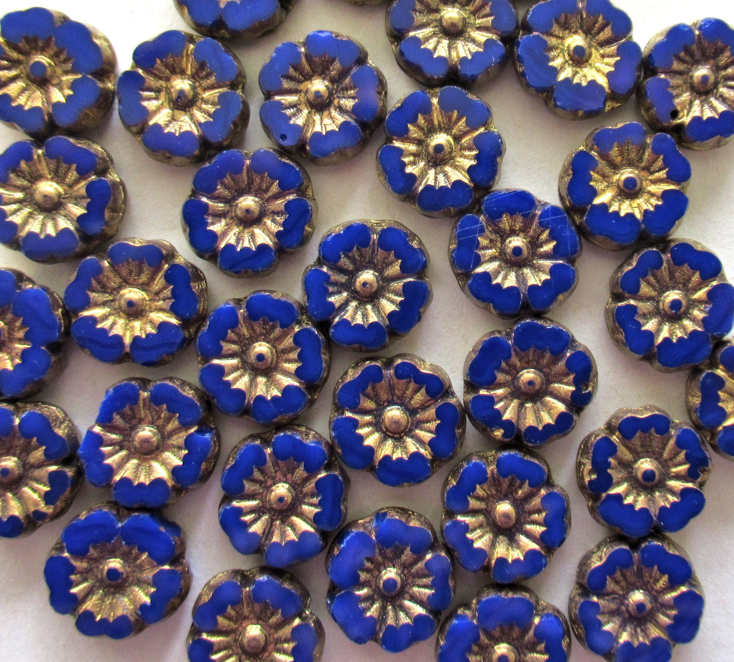 Lot of 16 9mm Czech glass flower beads - opaque royal blue beads w/ gold accents - Hawaiian hibiscus table cut carved beads C00591