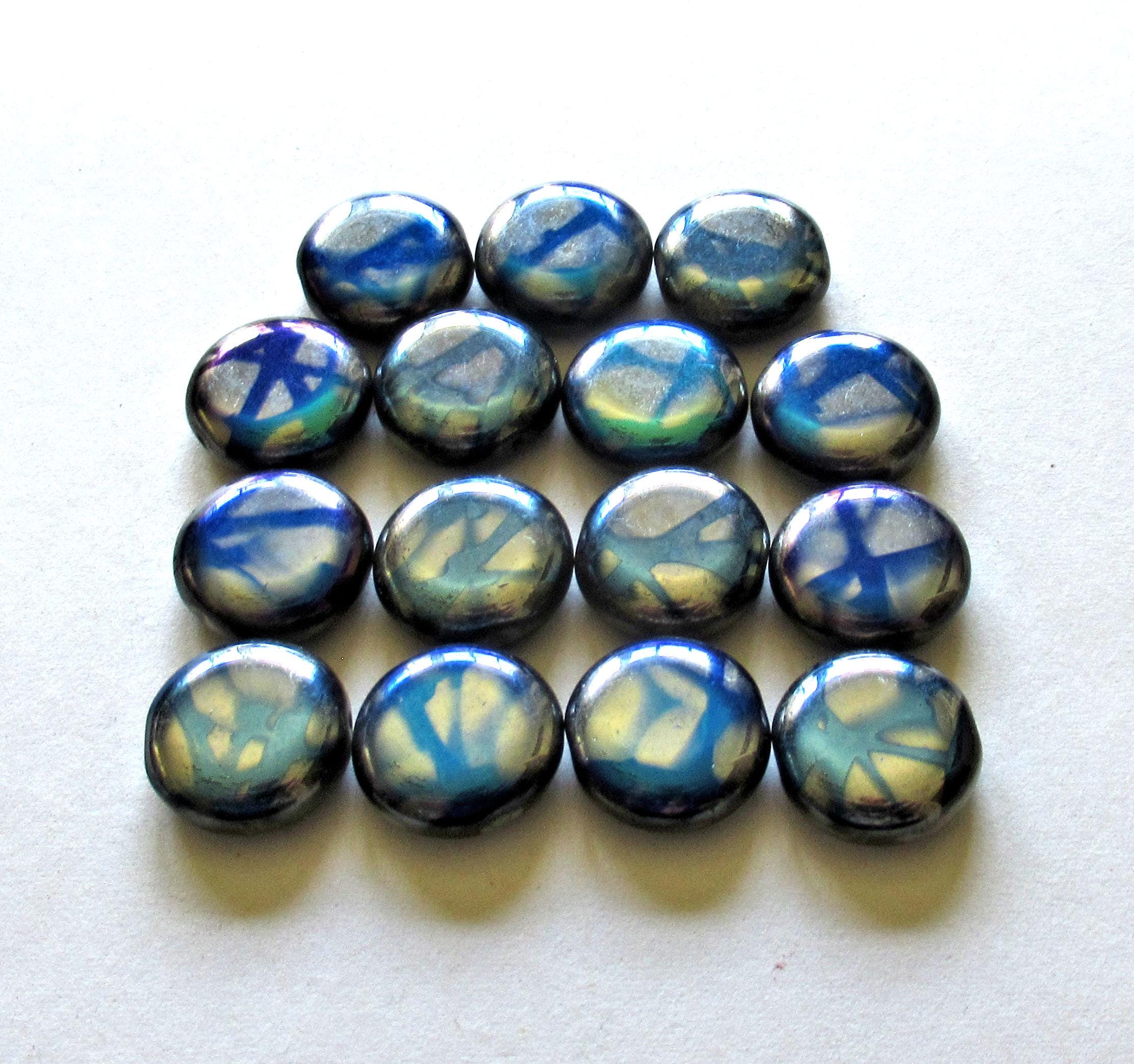 Six Czech glass peacock coin beads - 15mm - blue & silver - C00651