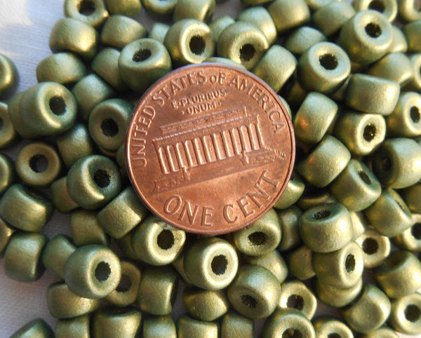 50 6mm Czech Matte Metallic Olive Green glass pony roller beads, large hole crow beads, C9350