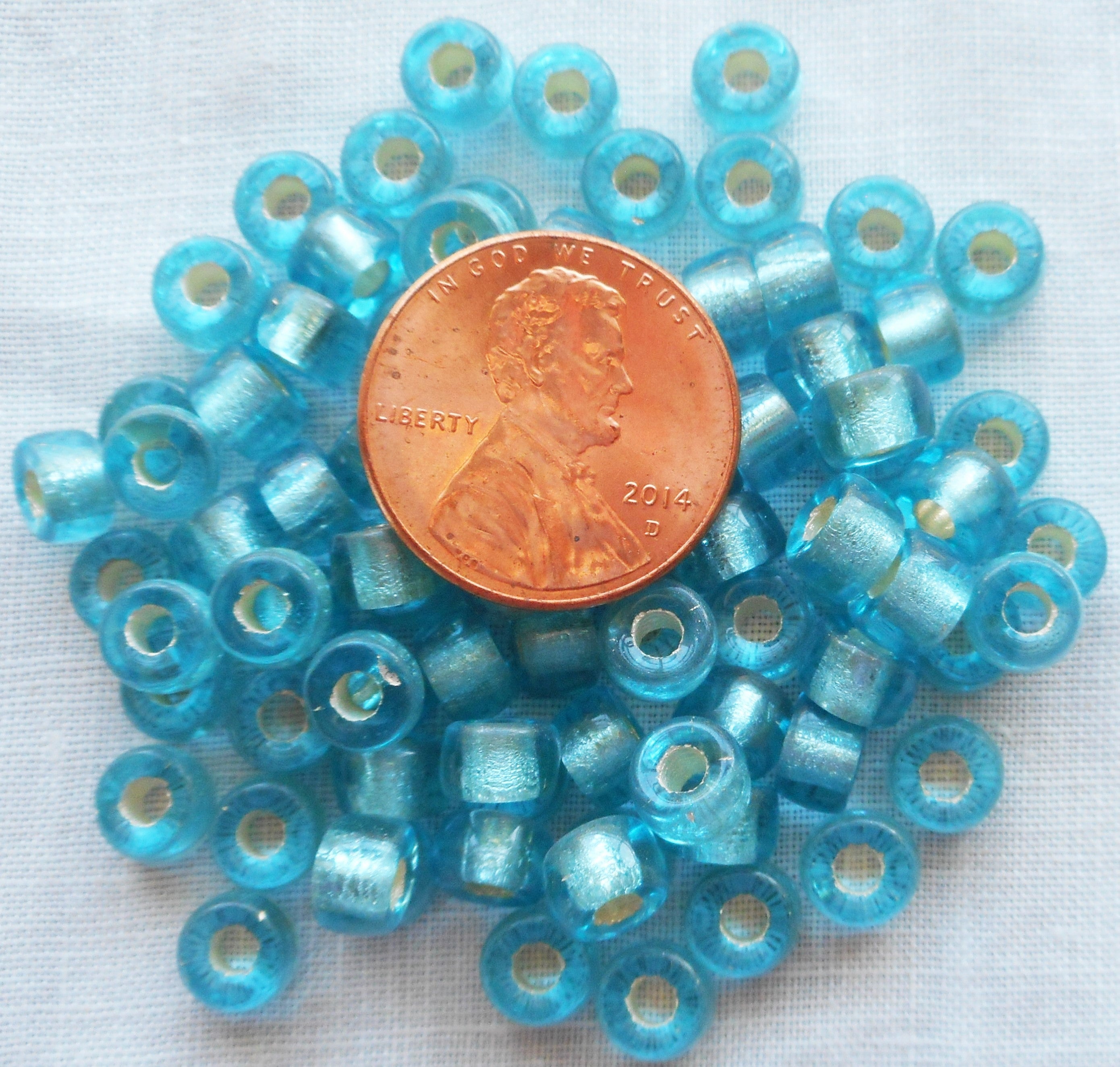 Fifty 6mm aqua blue silver lined Czech glass pony, roller beads, large hole crow beads C5401