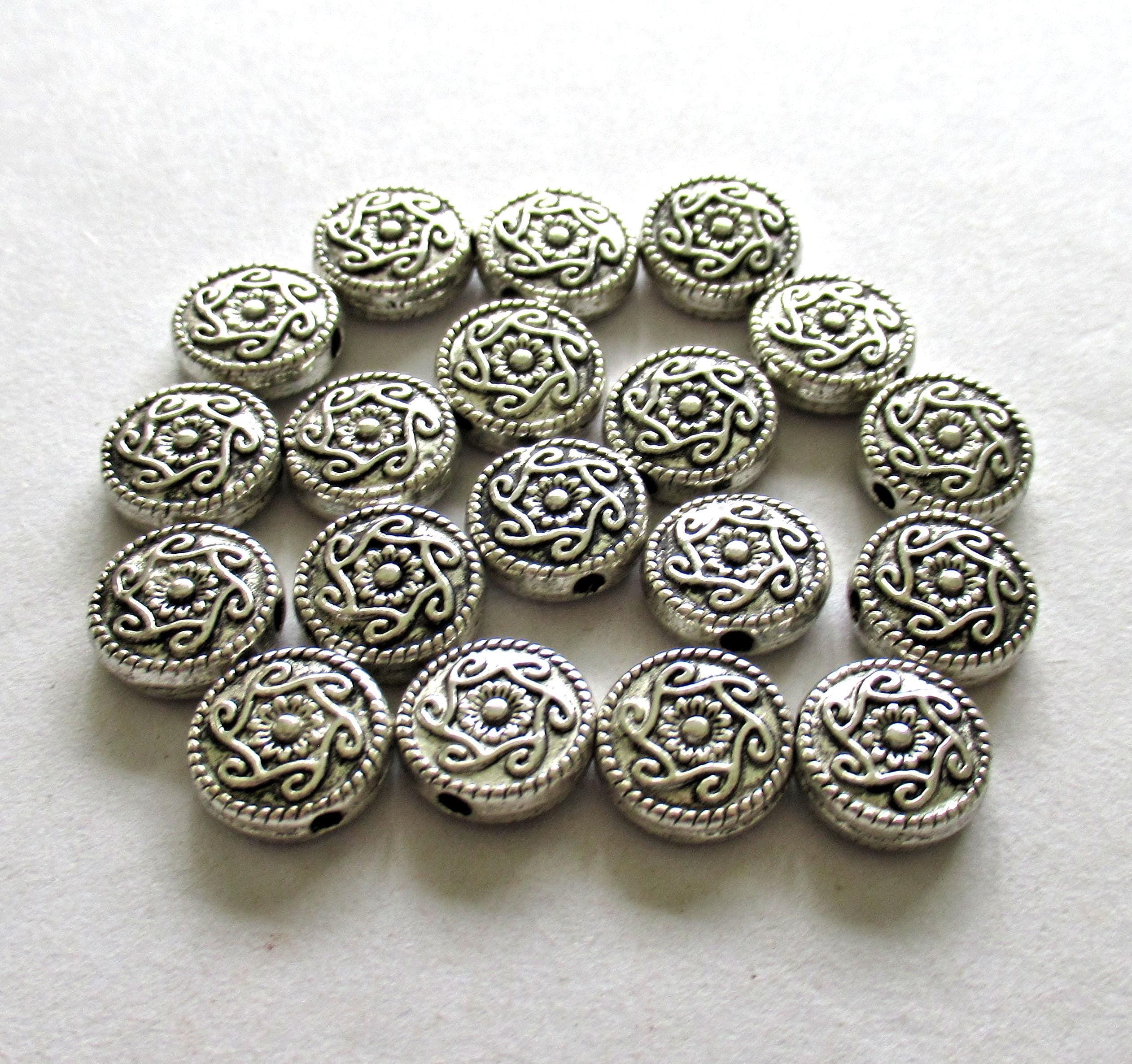 Antique Tibetan style - silver tone metal alloy beads - 10mm ornate coin beads - 20 pieces - C0098