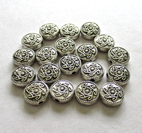 Antique Tibetan style - silver tone metal alloy beads - 10mm ornate coin beads - 20 pieces - C0098