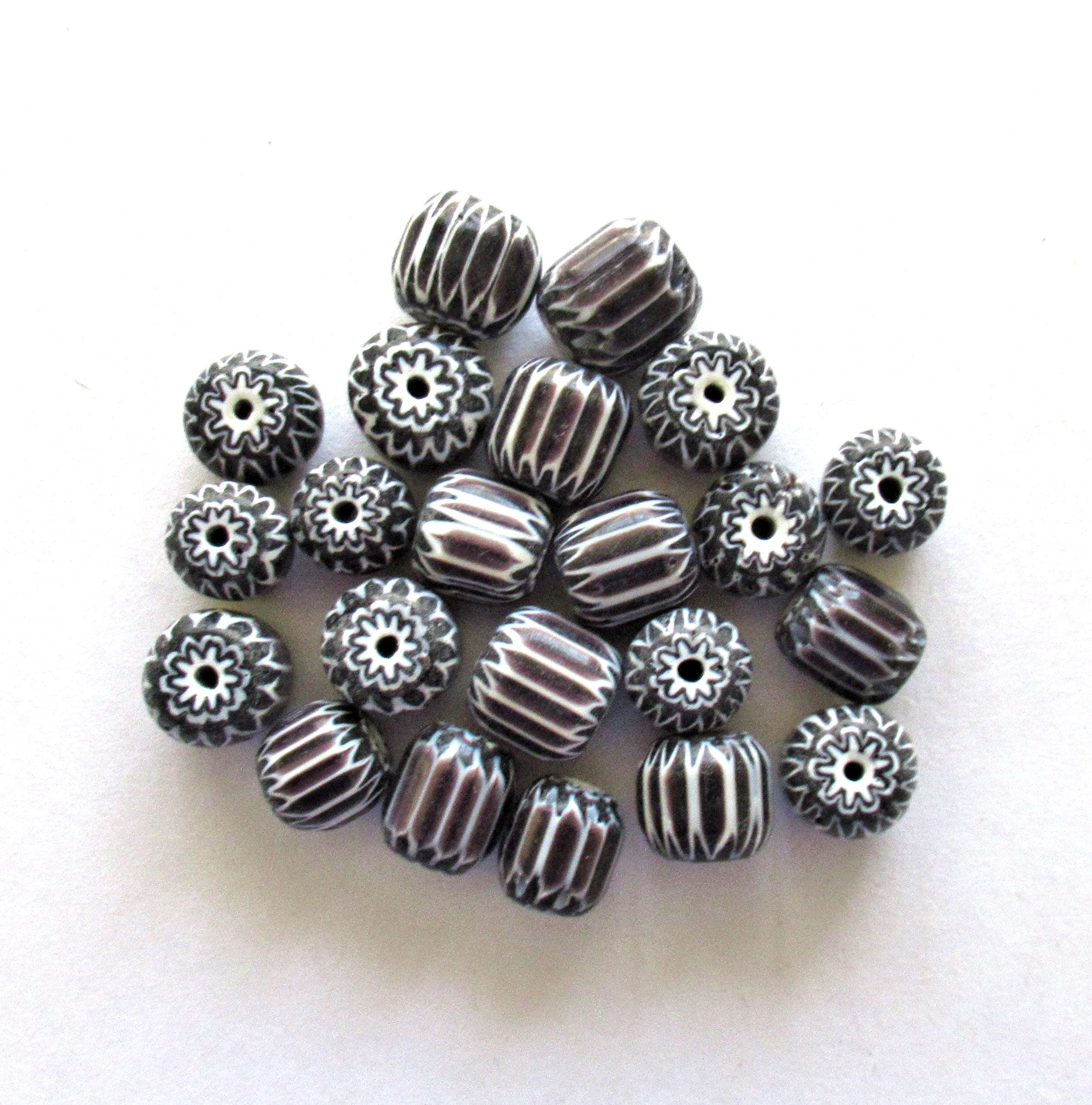 Large chevron glass barrel Beads - black, white & dark red striped beads - 10 x 8mm - ten beads - C0331