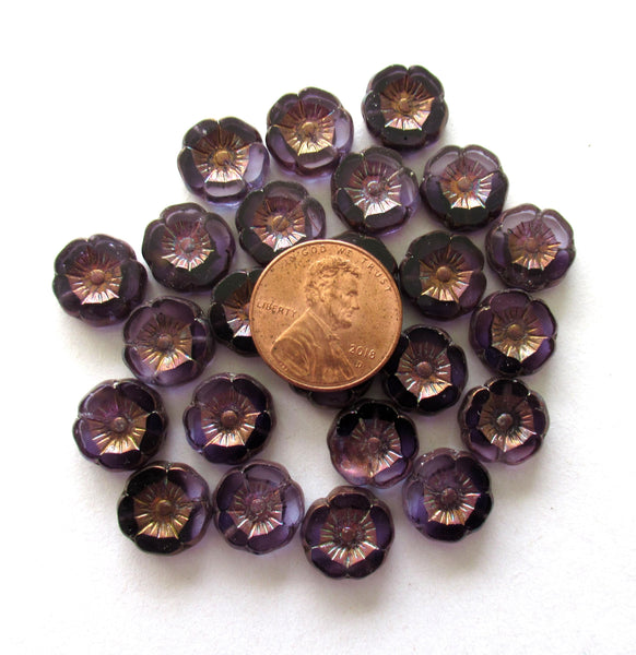 Twelve 12mm Czech glass flower beads - transparent purple tanzanite beads w/ bronze accents - Hawaiian hibiscus table cut carved beads 00112