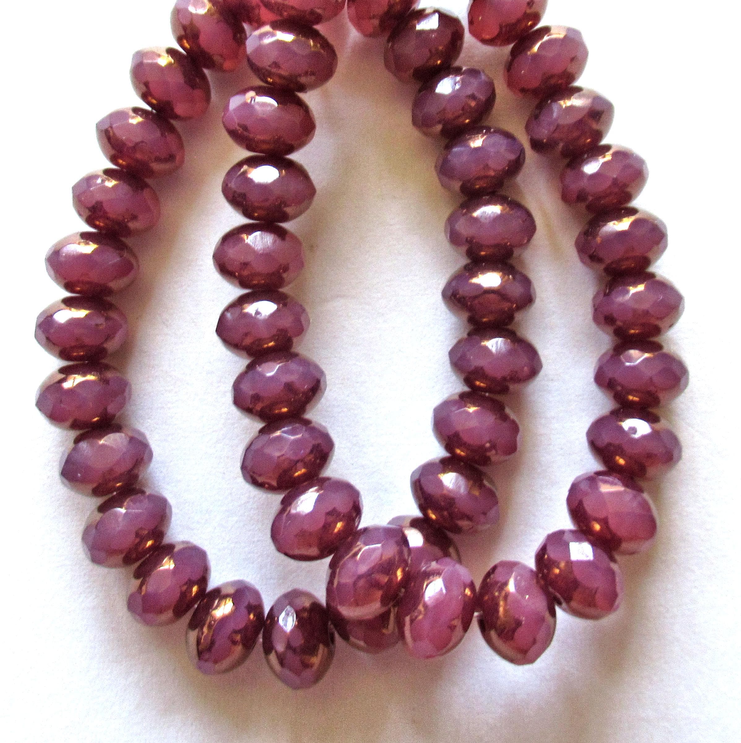 25 Czech glass faceted puffy rondelle beads - 5 x 7mm milky pink opal w/ gold accents - C00892