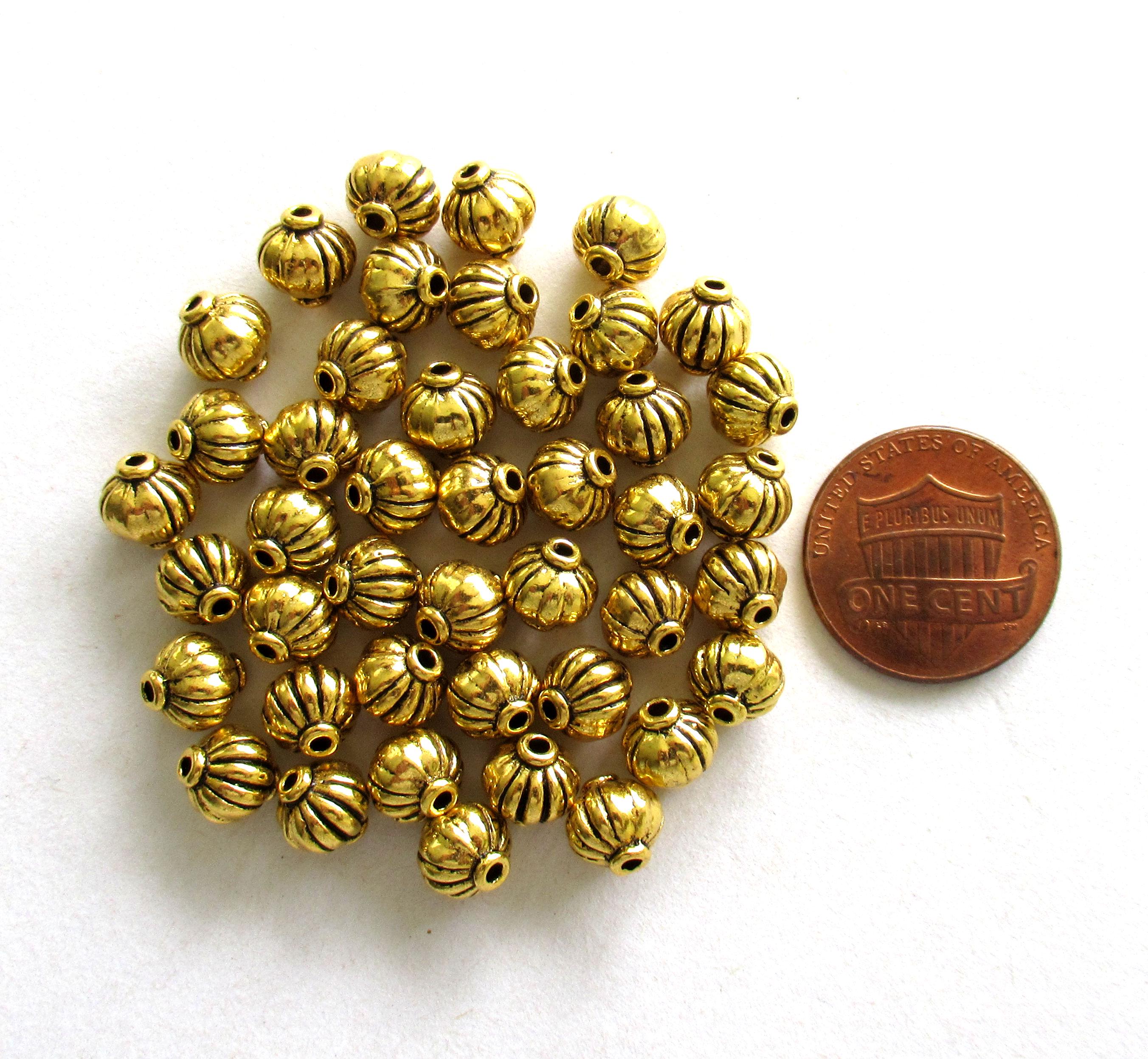 Antique Tibetan style gold tone metal alloy beads - 7mm - pumpkin shaped lantern spacer beads - 25 pieces - C0038
