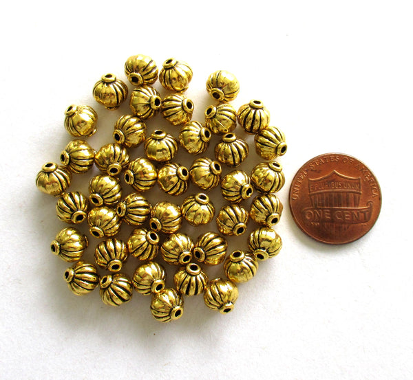 Antique Tibetan style gold tone metal alloy beads - 7mm - pumpkin shaped lantern spacer beads - 25 pieces - C0038