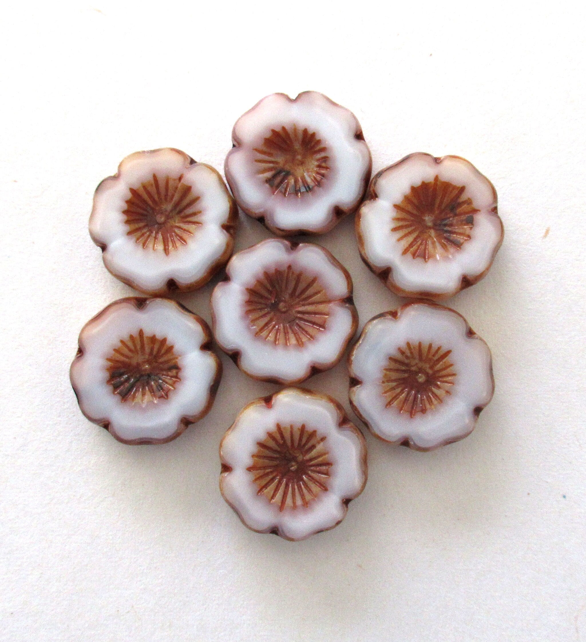 Five 16mm Czech glass flower beads - silky marbled white picasso table cut, carved, Hawaiian flower beads C00871