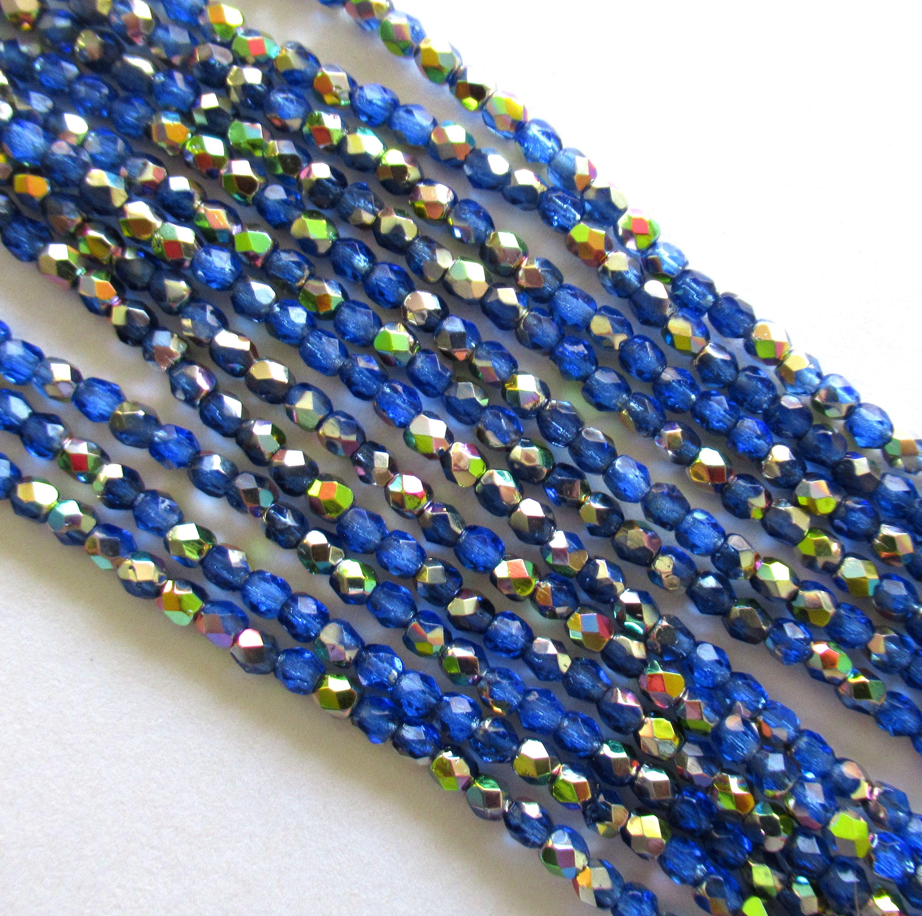 50 3mm Czech glass beads - Sapphire Blue Celsian beads - round faceted fire polished beads - C0015