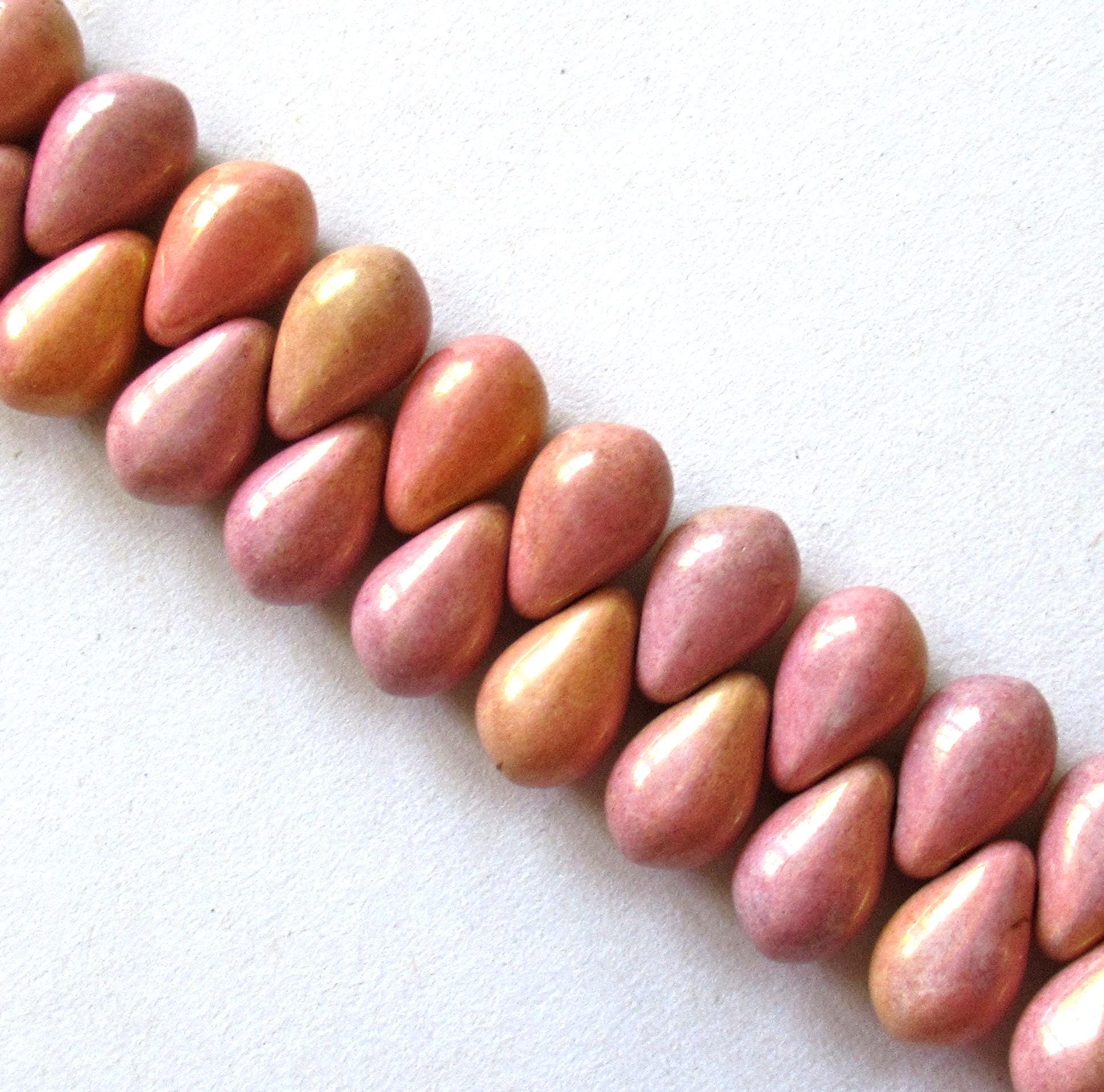 25 Czech glass drop beads - opaque pink & peach mix - side drilled - smooth teardrop beads - 9 x 6mm - 00121