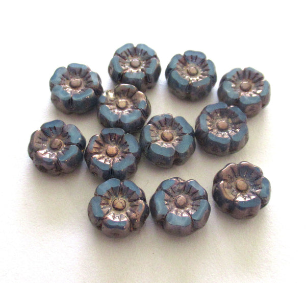12 small Czech glass flower beads - 7mm opaque silky blue Hawaiian flowers w/ bronze picasso accents - table cut, carved floral beads C00011