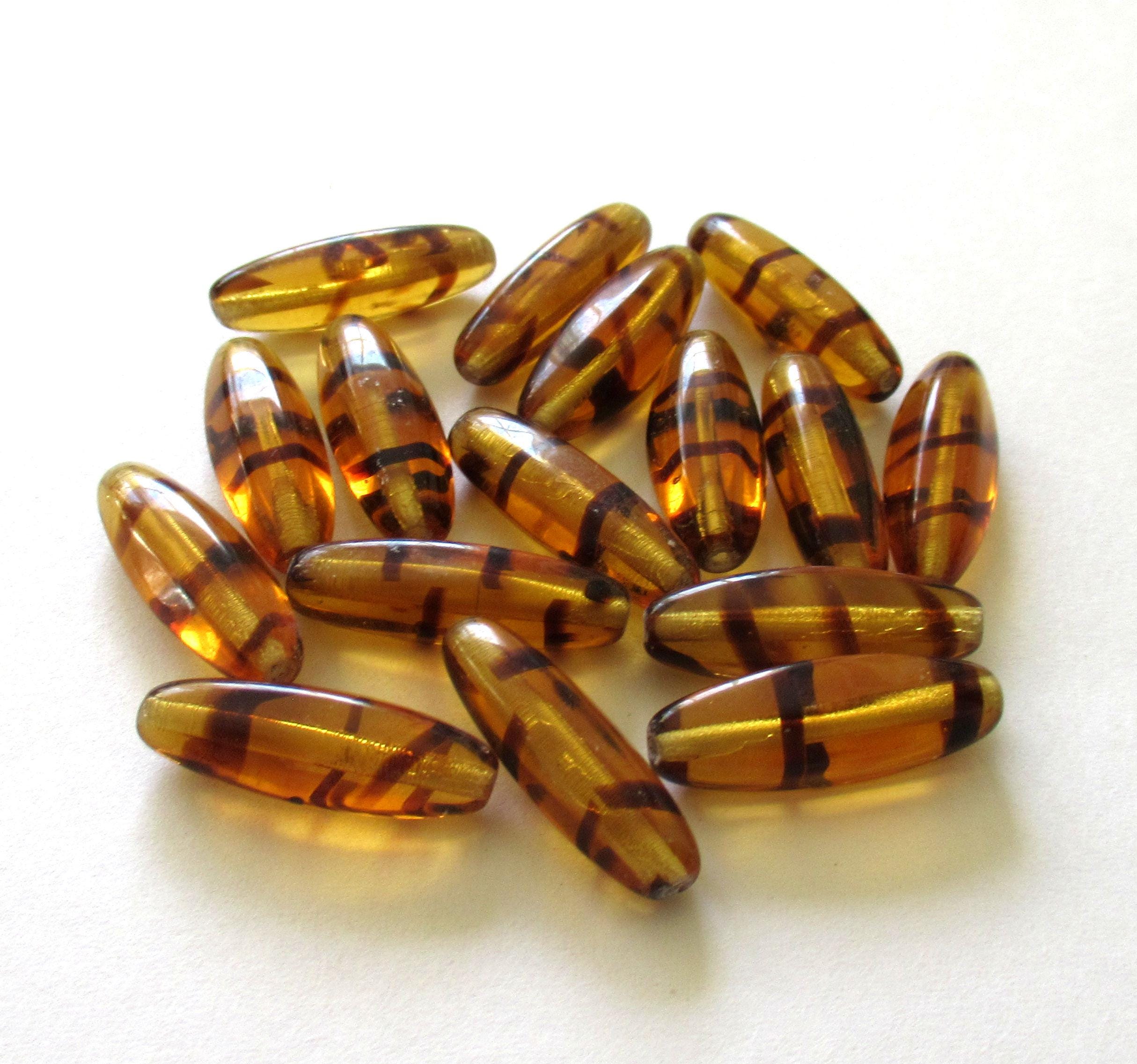 Large Czech glass tube beads - tortoiseshell amber beads - 22 x 9mm - 10 beads - C0038