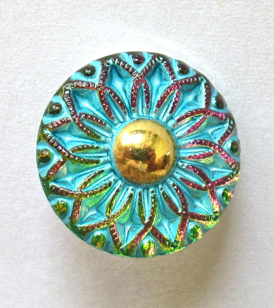One 18mm Czech glass flower button - multicolored glass with gold accents and a turquoise wash - decorative floral shank buttons - 00371