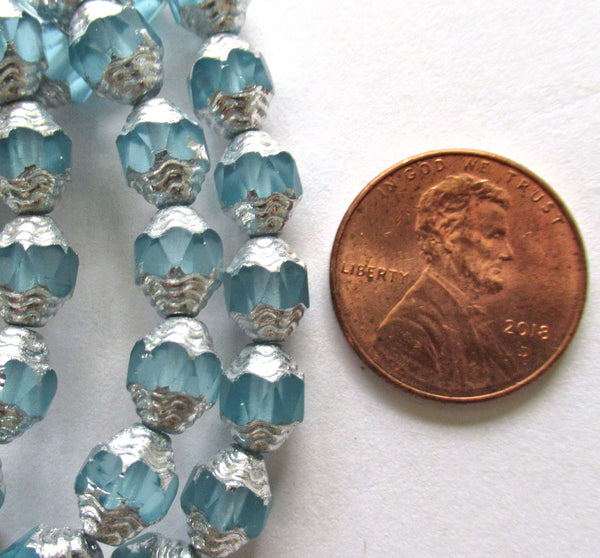 15 Czech glass mini antique style faceted oval beads - 8 x 6mm matte ice blue with silver accents - C00071