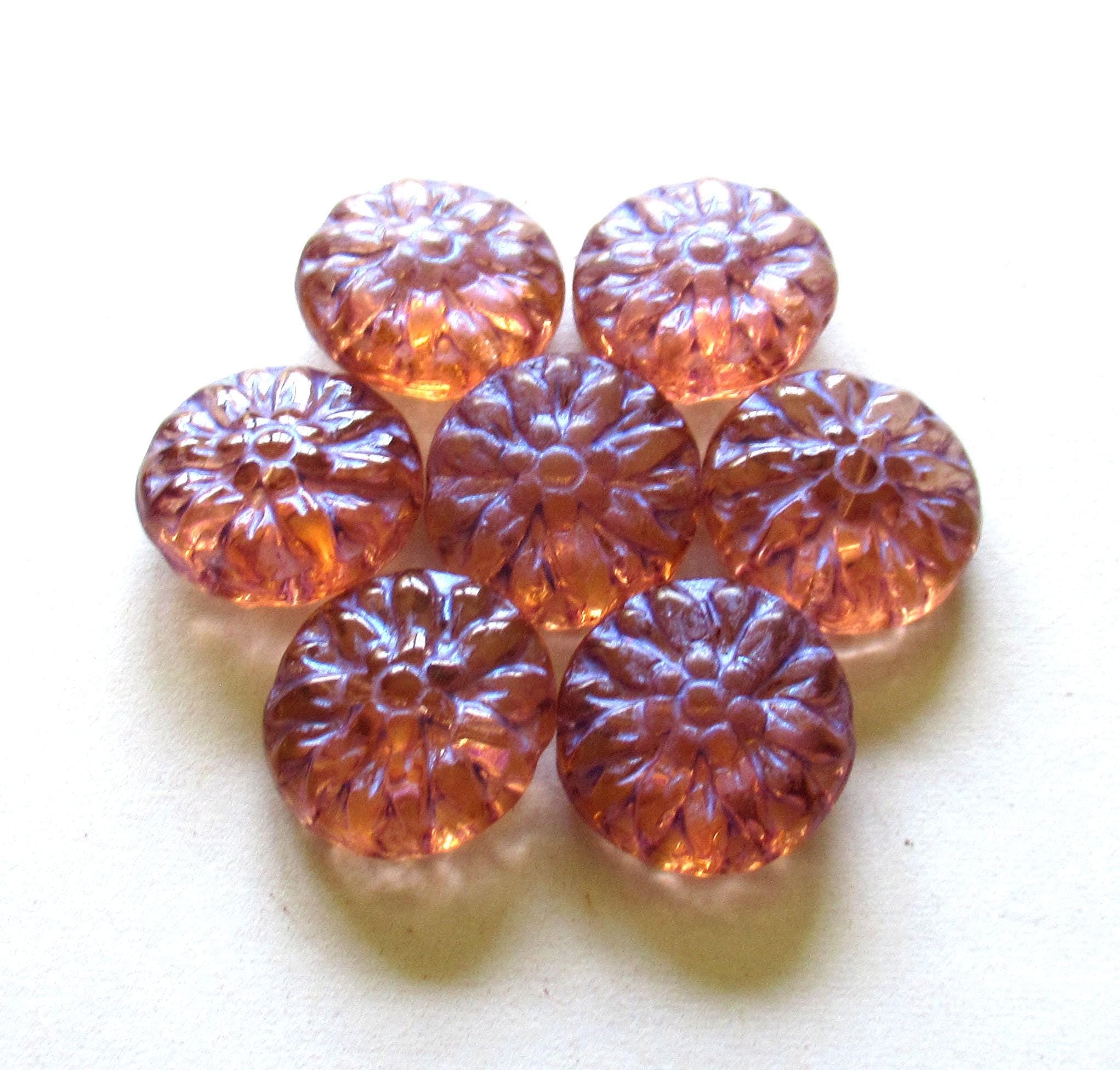 Six Czech glass Dahlia flower beads - 15mm - transparent pink w/ iridescent finish - puffy coin or disc beads - C00131