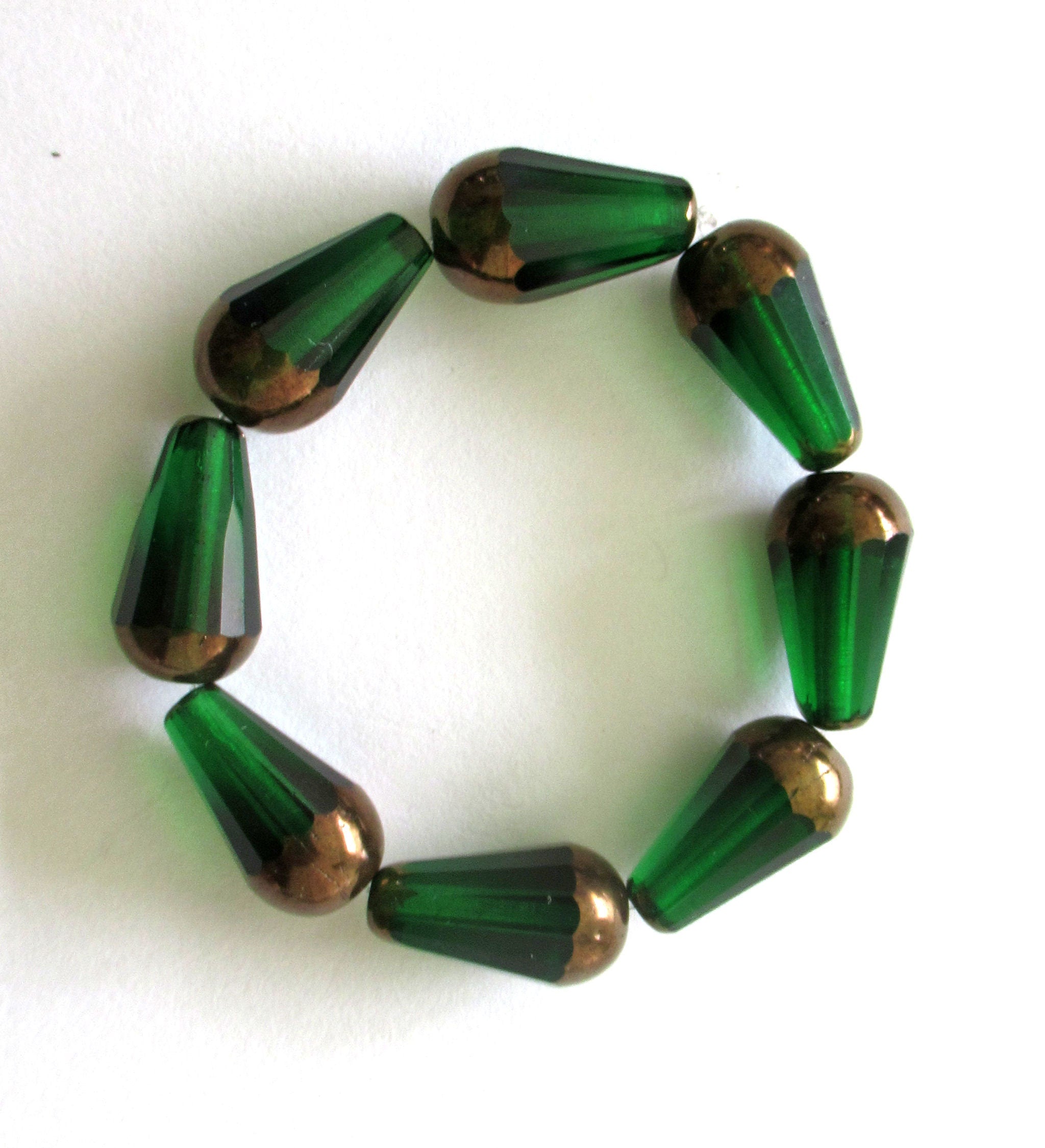 8 Czech glass faceted teardrop beads - 8 x 15mm transparent emerald green w/ a bronze finish on the ends - large drop beads - 00112