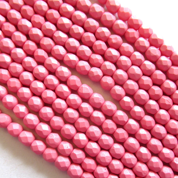 50 4mm Czech glass beads - Saturated Pink - opaque matte bright pink - fire polished faceted round beads C0068