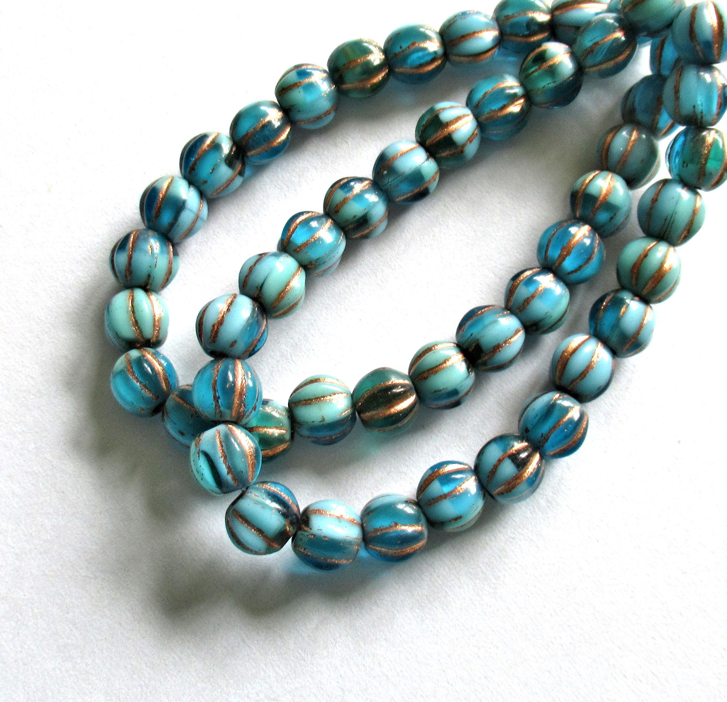 25 Czech glass big hole melon beads - 6mm - opaque & transparent blue with bronze accents - C00601