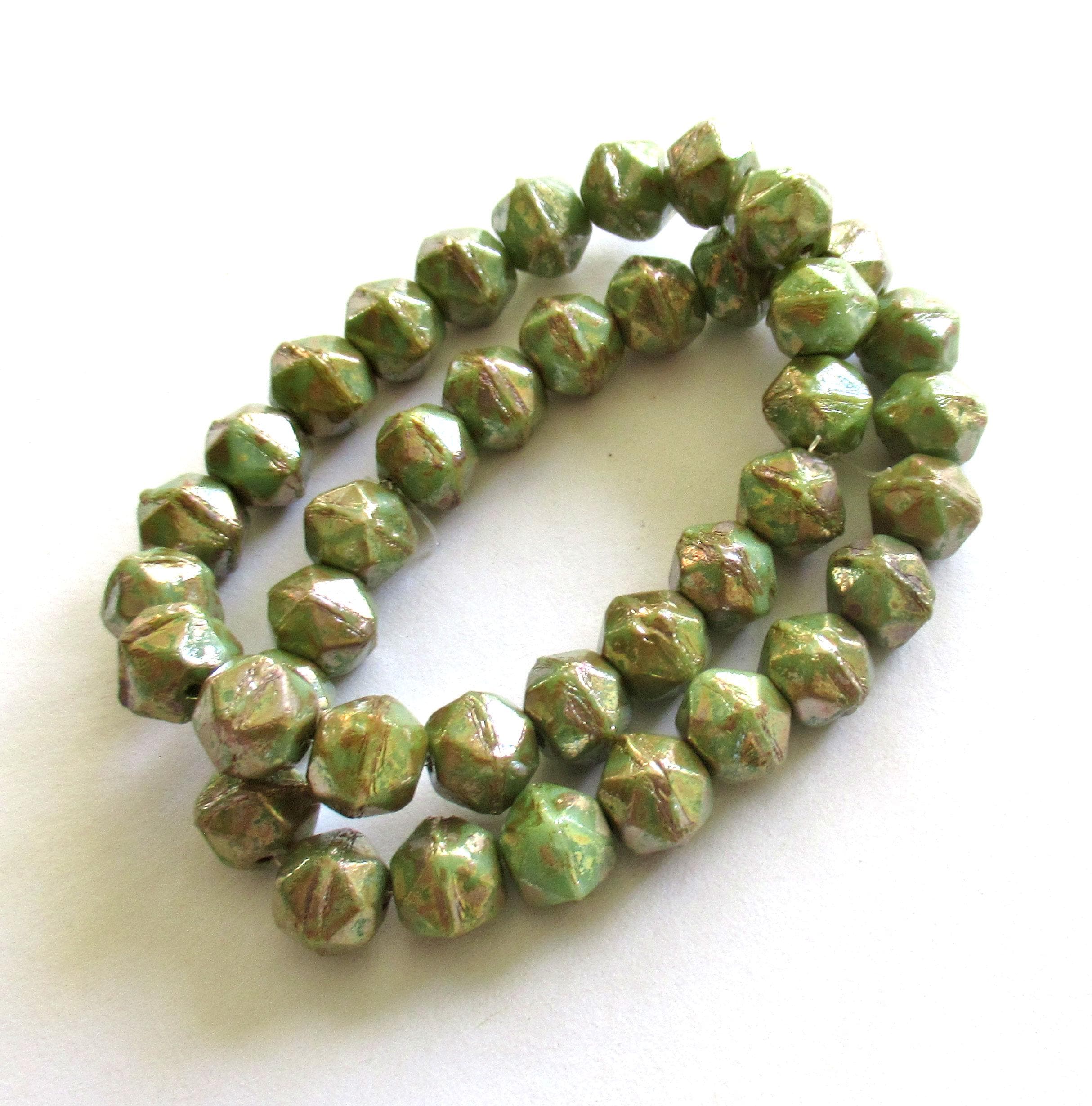 20 8mm Czech glass English cut beads - sage green with a gold picasso finish - C00002