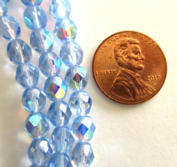 Lot of 25 6mm Czech glass beads - light sapphire blue AB fire polished faceted round beads C0074