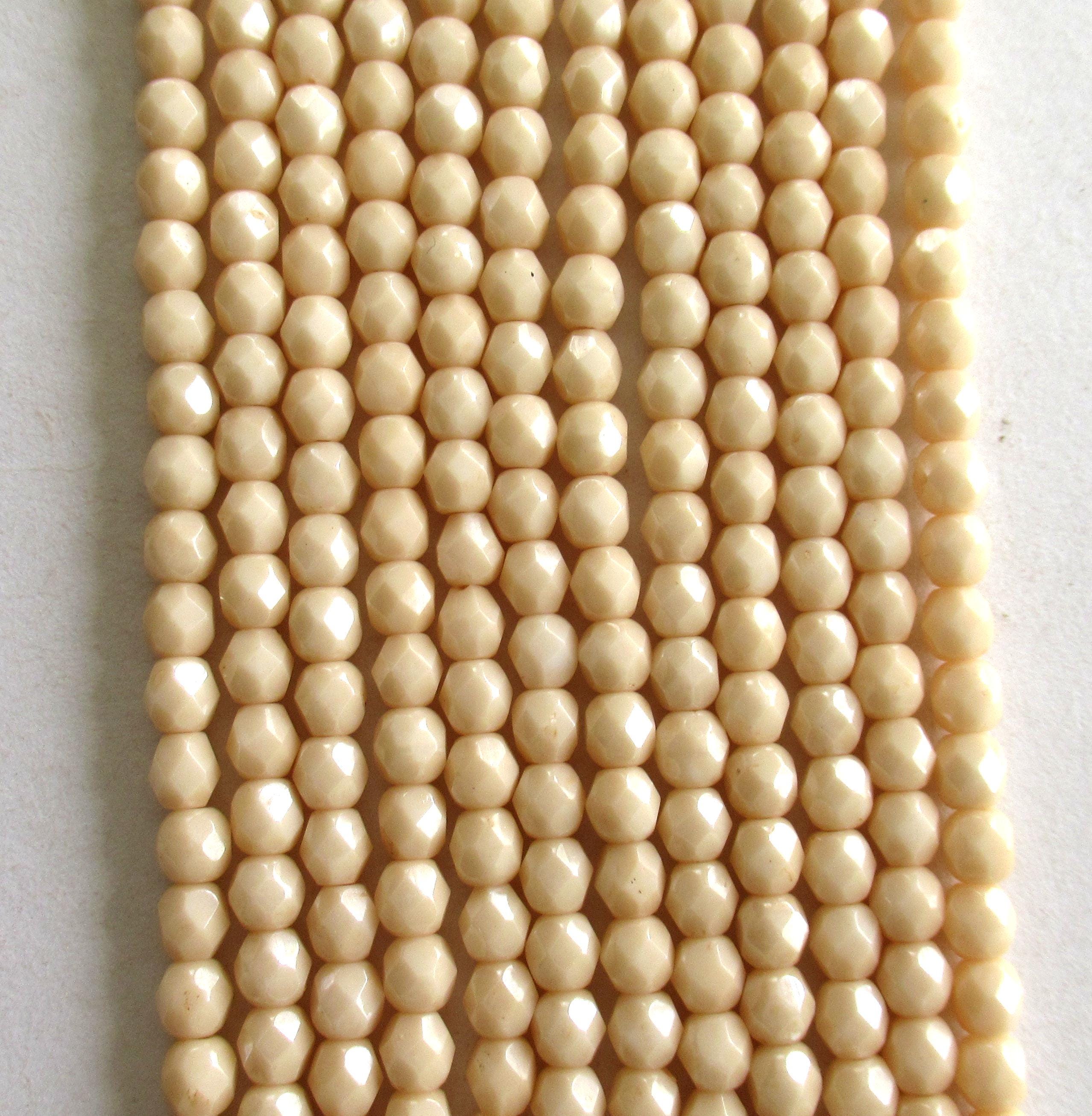 50 4mm Czech glass off white beads - Opaque Luster Champagne - neutral fire polished faceted round beads - C0056