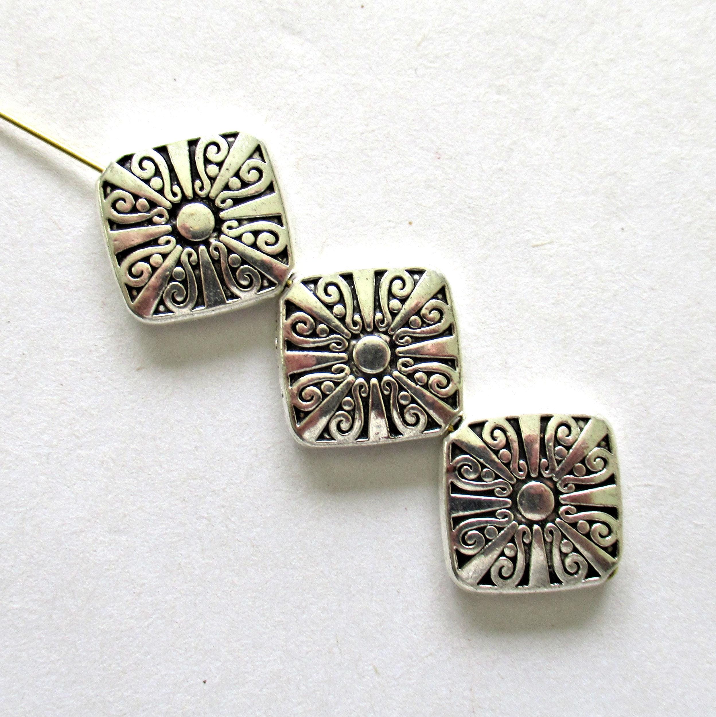 Antique Tibetan style - silver tone metal alloy beads - 16mm square beads - large ornate diamond shaped focal beads - 6 pieces - C00301