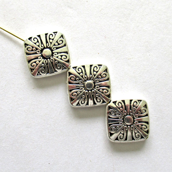 Antique Tibetan style - silver tone metal alloy beads - 16mm square beads - large ornate diamond shaped focal beads - 6 pieces - C00301