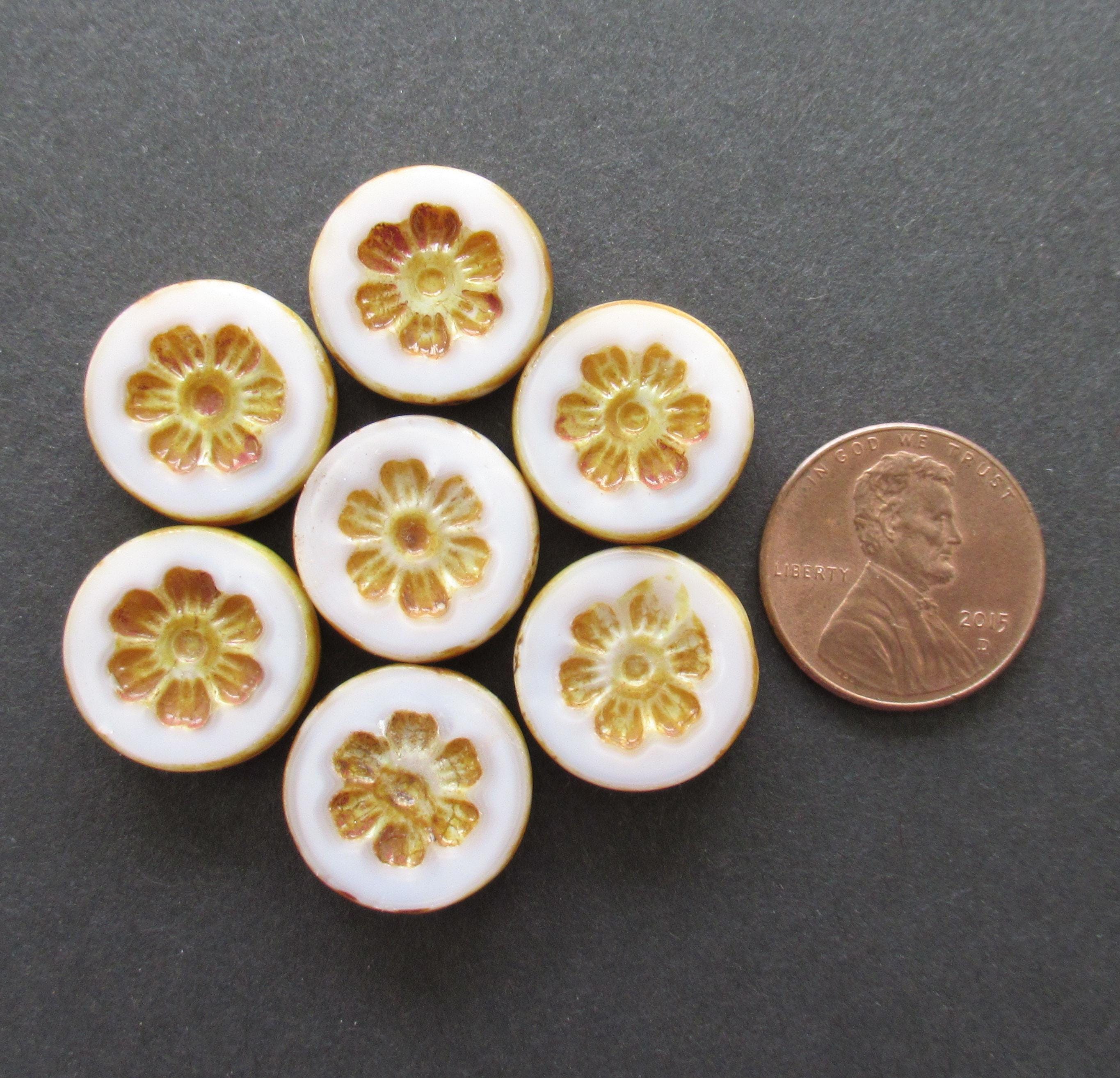 Six 16mm Czech glass flower beads - opaque white silky picasso beads - thick floral coin beads - table cut carved - C00891