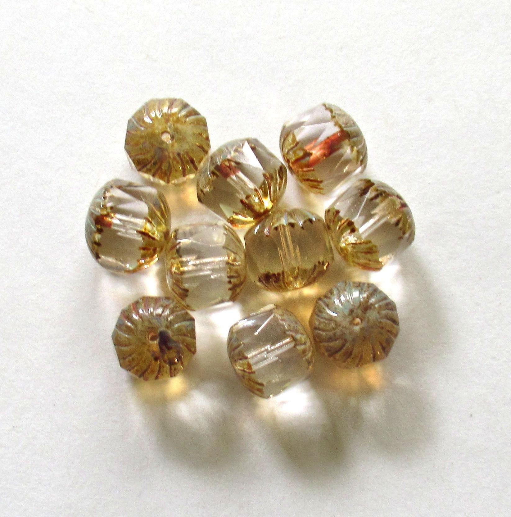 Ten Czech glass faceted carved cruller beads - 10mm - crystal clear picasso - cathedral beads - 00004