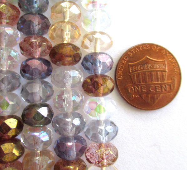 25 Czech glass puffy rondelle beads - 6 x 9mm transparent luster color mix faceted rondelles - C00921