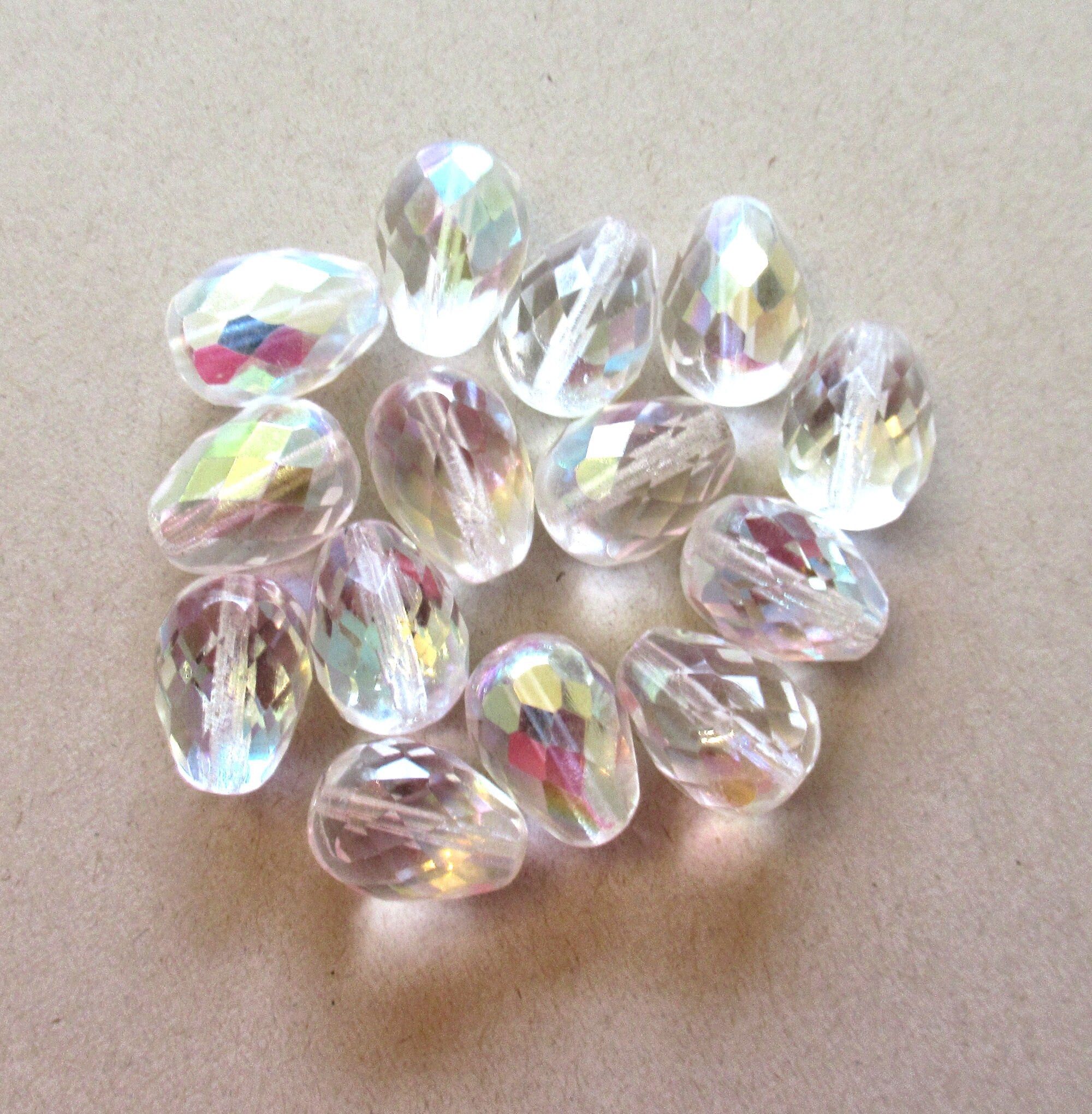 Six large Czech glass teardrop beads - Crystal AB - 16 x 12mm faceted fire polished drop beads C00602
