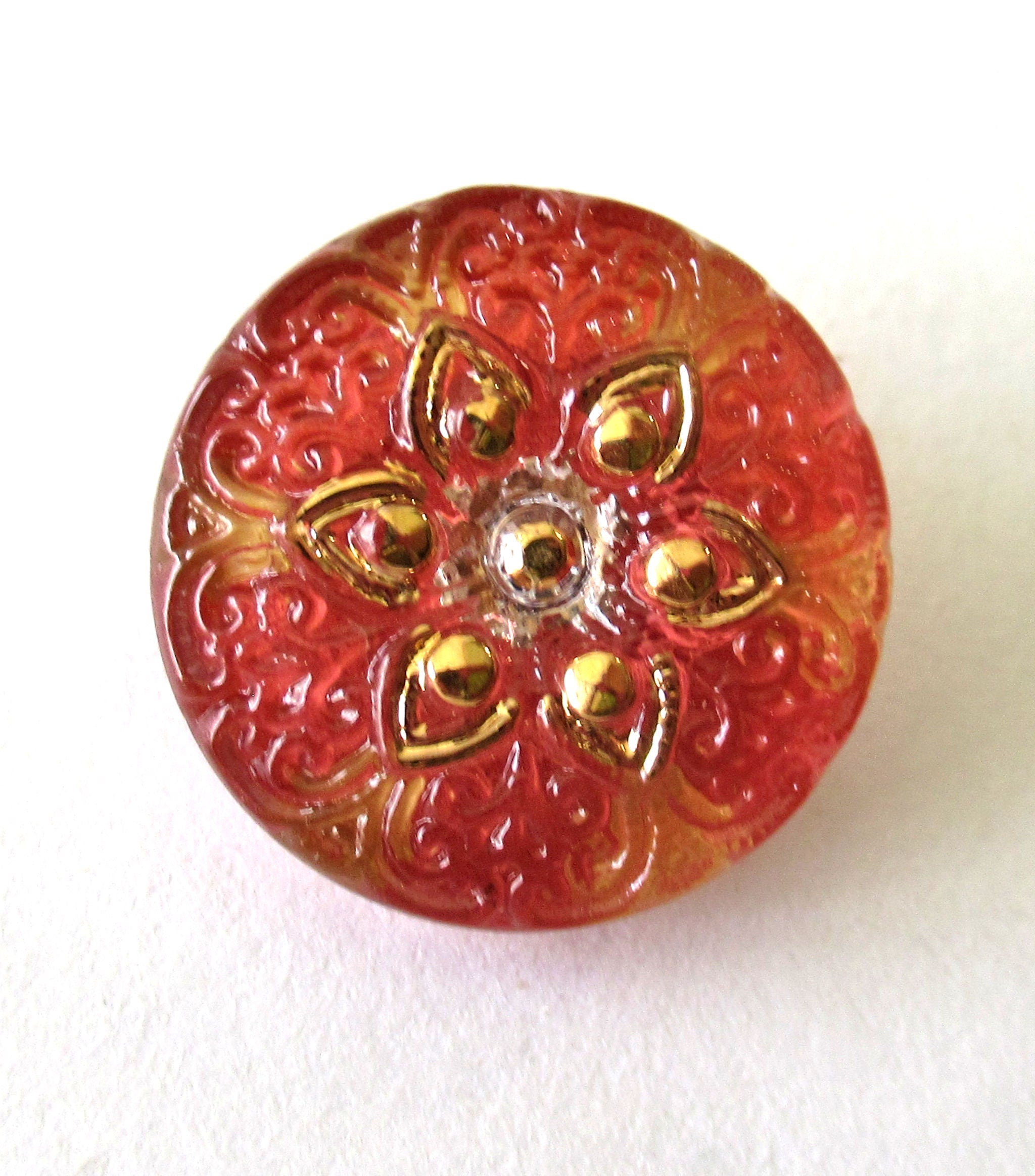 One 18mm Czech glass button - salmon pink & yellow gold star or flower button with gold accents - decorative shank buttons 00242