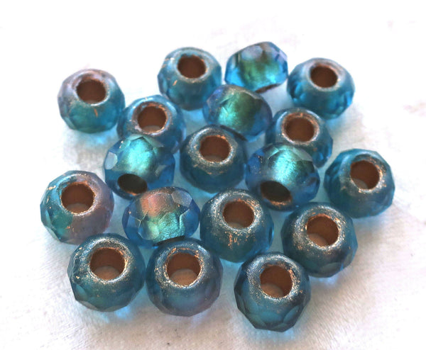 Five 12 x 8mm faceted Czech glass roller or rondelle beads - matte blue gold lined - big 5mm holes, big hole focal beads 00501