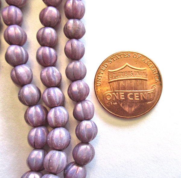 25 Czech glass melon beads - 6mm opaque purple luster, lilac, amethyst pressed glass beads C0084