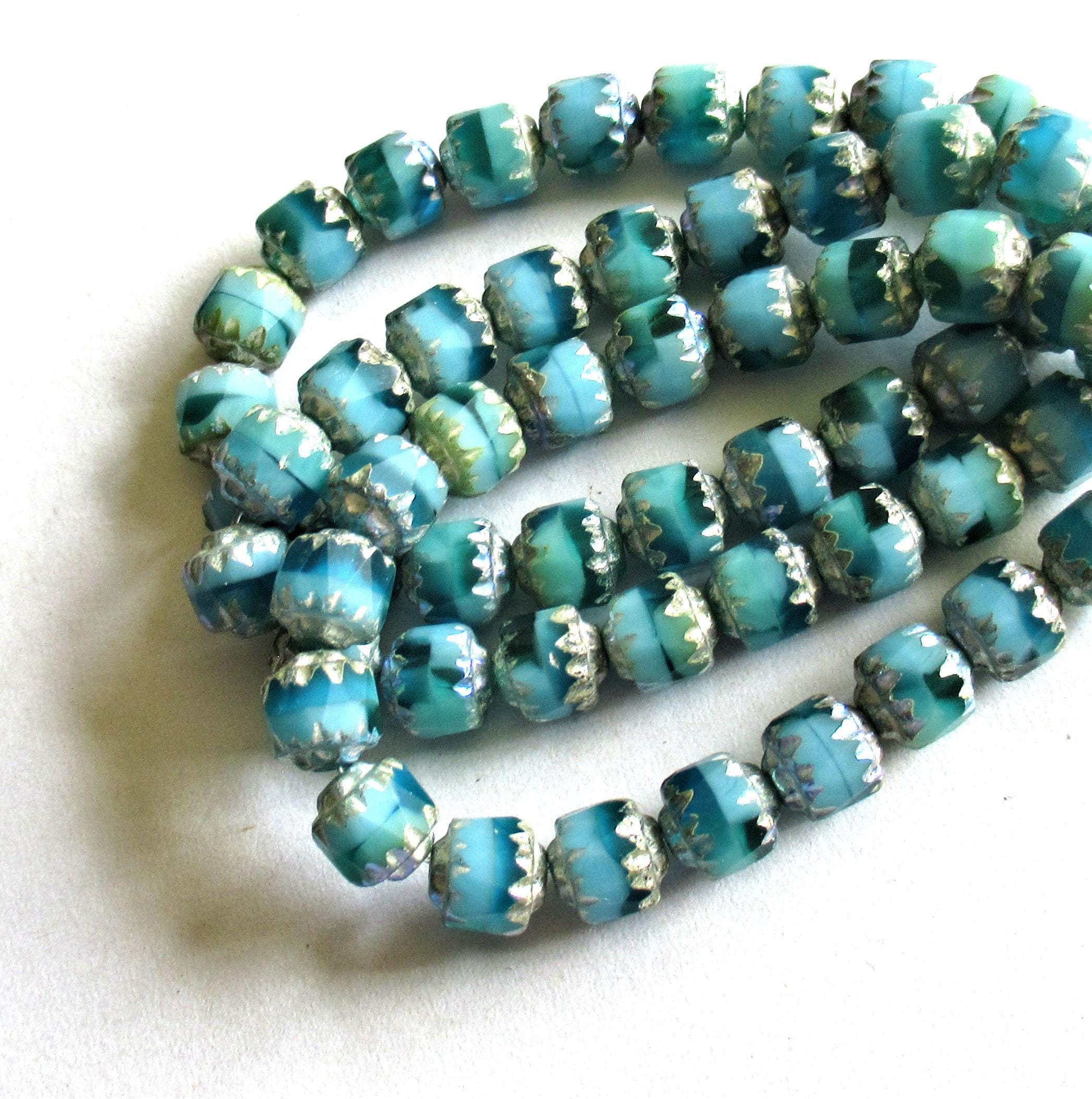 20 6mm Czech glass cathedral beads - blue green mix w/ silver picasso accents - antique cut beads C00072