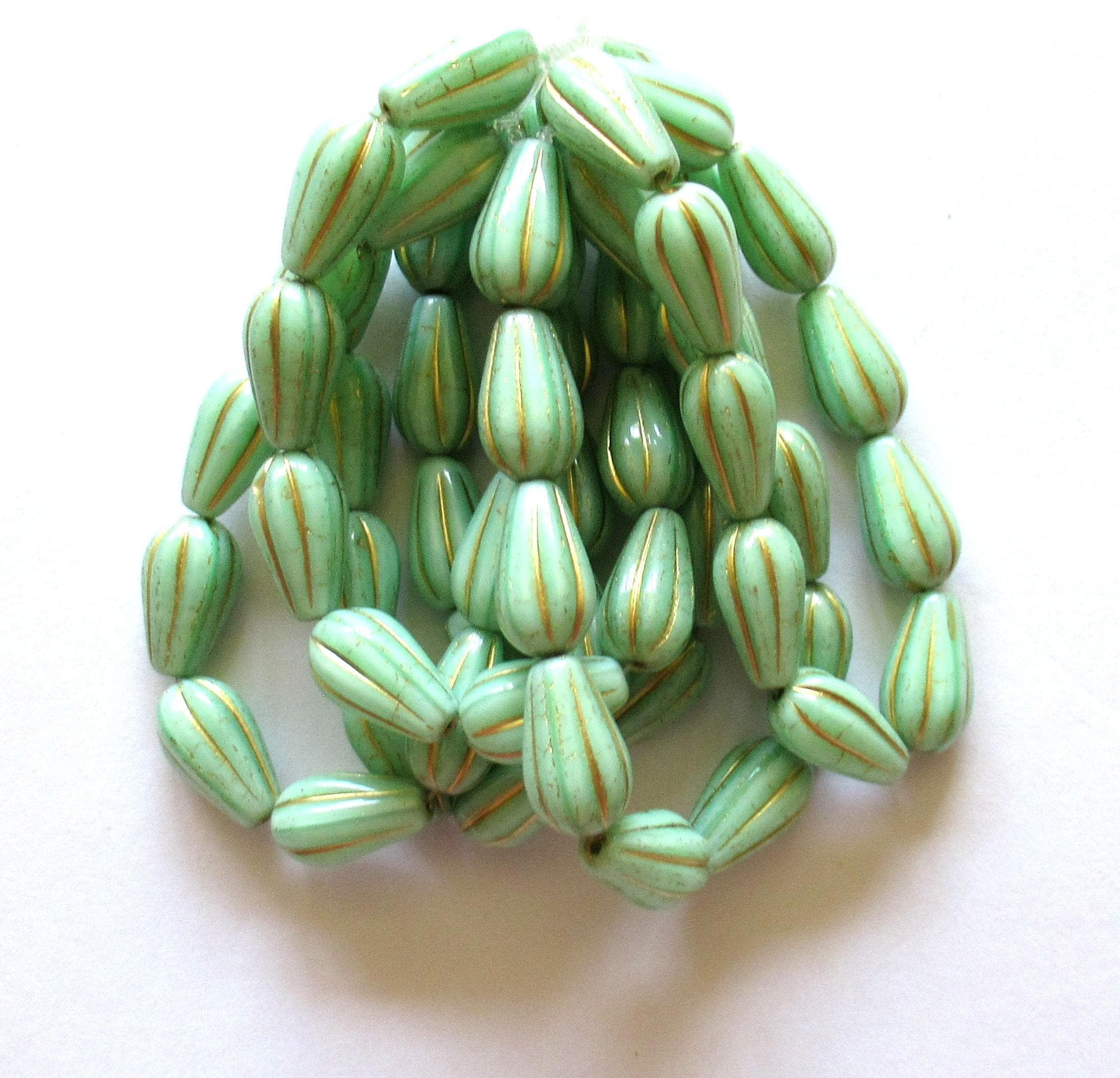 Ten Czech glass teardrop melon beads - mint green w/ gold accents - 15 x 8mm tear drops - 00071