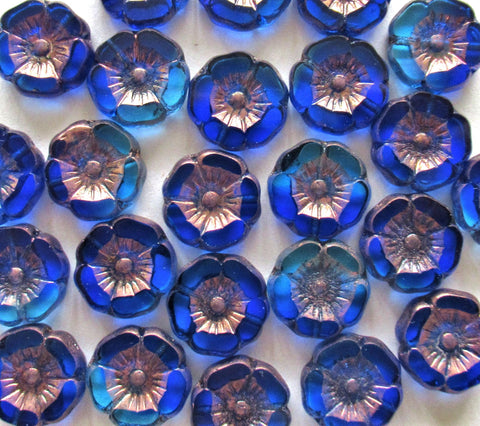 Czech glass flower beads - 12mm - sapphire & aqua blue w/ bronze accents - table cut carved - Hawaiian hibiscus flowers - 8 beads - C0681