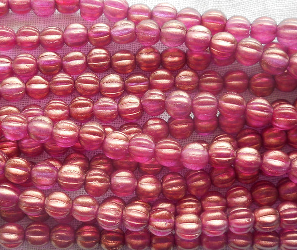 Lot of 50 5mm Halo Madder Rose melon beads, deep pink Czech glass beads C33150