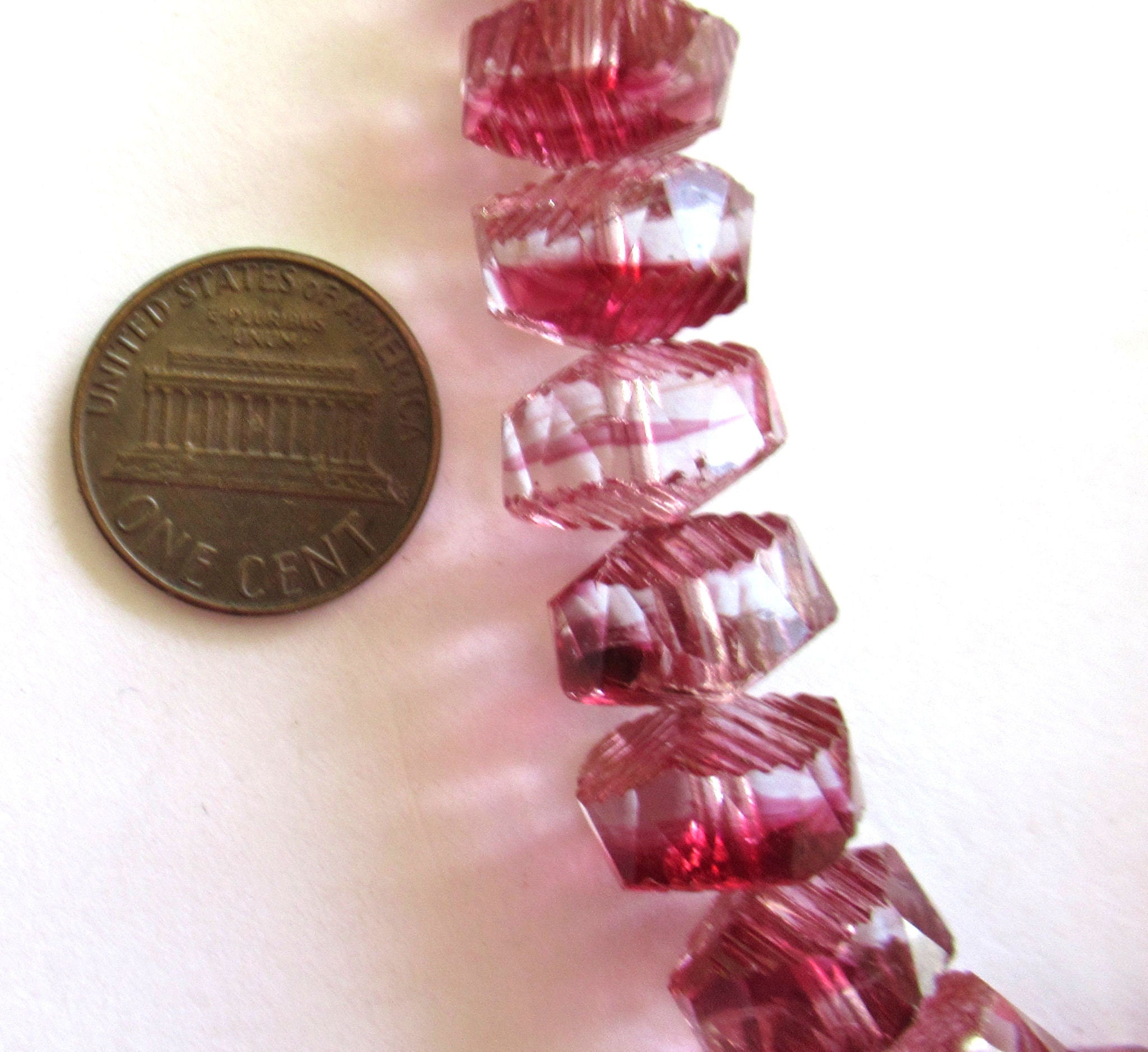 Lot of five Czech glass faceted wavy rondelle beads - large 14 x 6mm pink & crystal chunky rondelles - focal beads C00661