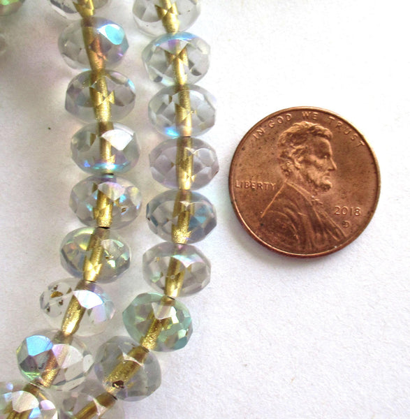25 Czech glass puffy rondelle beads - 8mm x 6mm transparent gold lined crystal clear ab beads - faceted fire polished rondelles 00971
