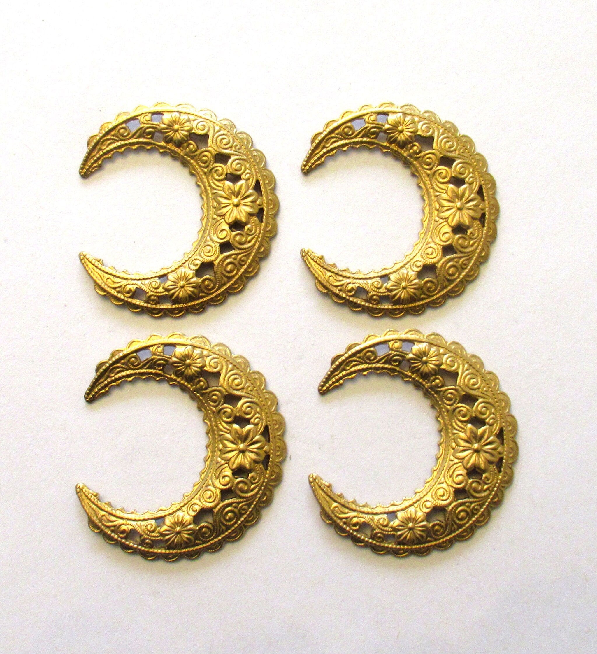 4 crescent raw brass stampings - ornate Victorian pendants - charms - connectors - earring - ornaments - 1.5" inches - USA made C00043