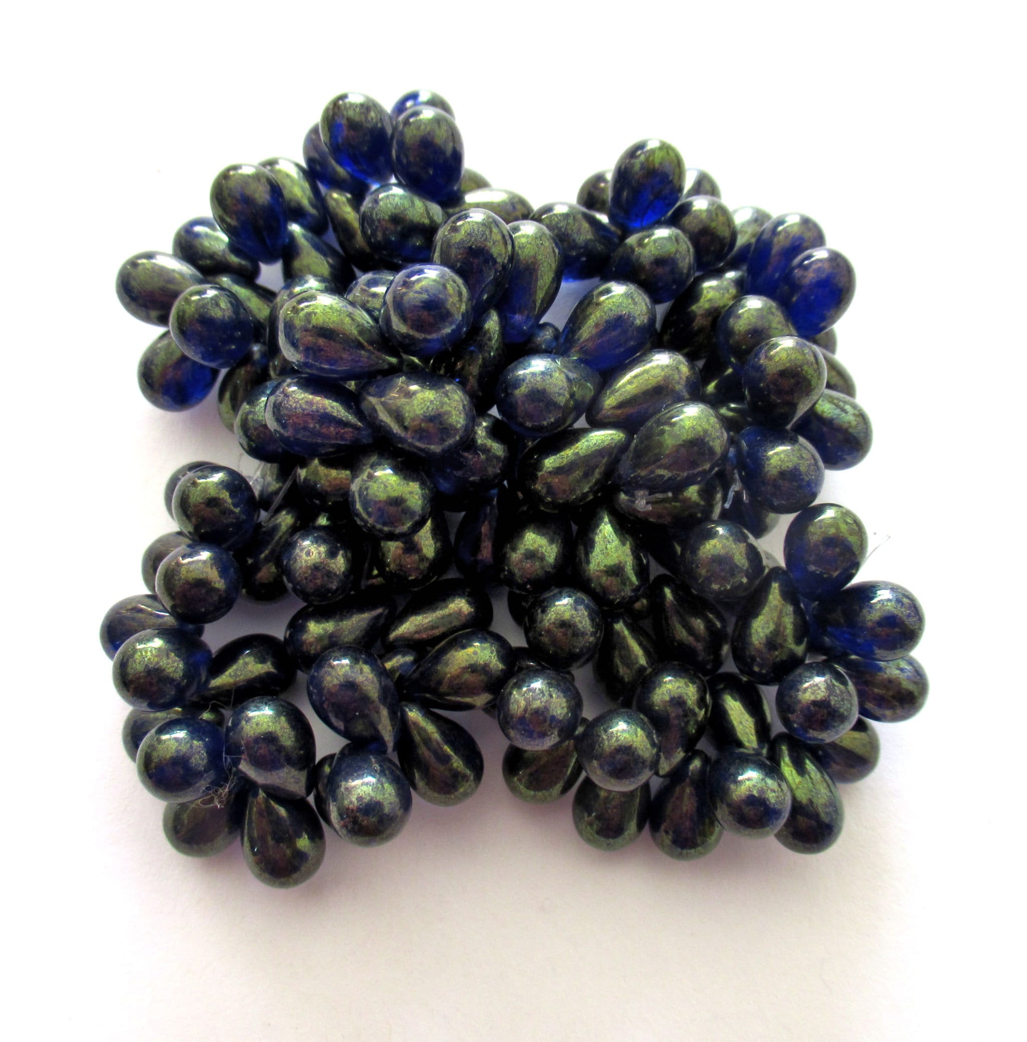 Lot of 25 Czech glass drop beads - deep sapphire blue with a bronze finish - smooth teardrop beads - 9 x 6mm C0058