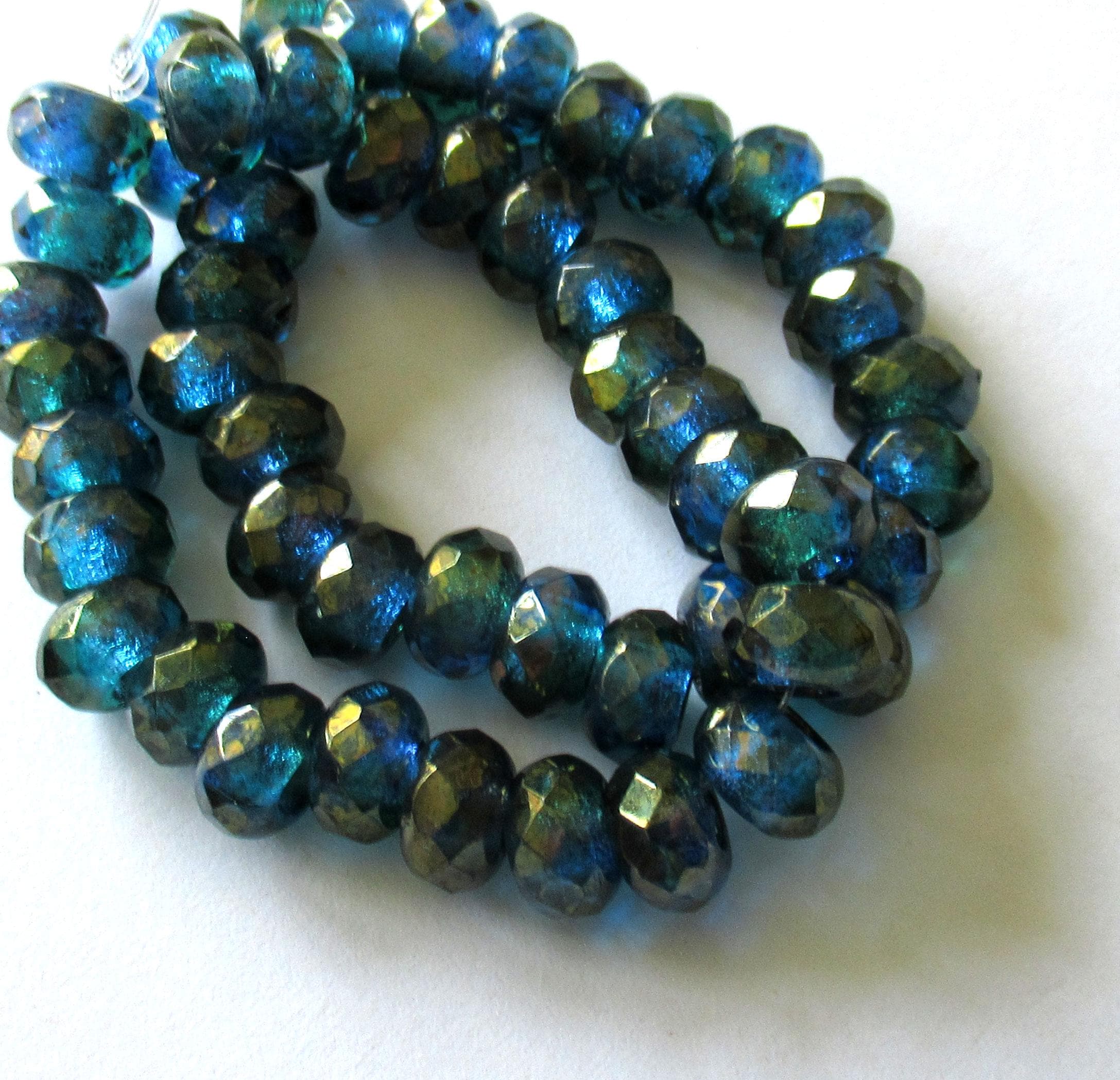 Ten faceted Czech glass roller or rondelle beads - blue & green gold luster - 9 x 6mm - 3mm holes - big hole donut beads - 00441