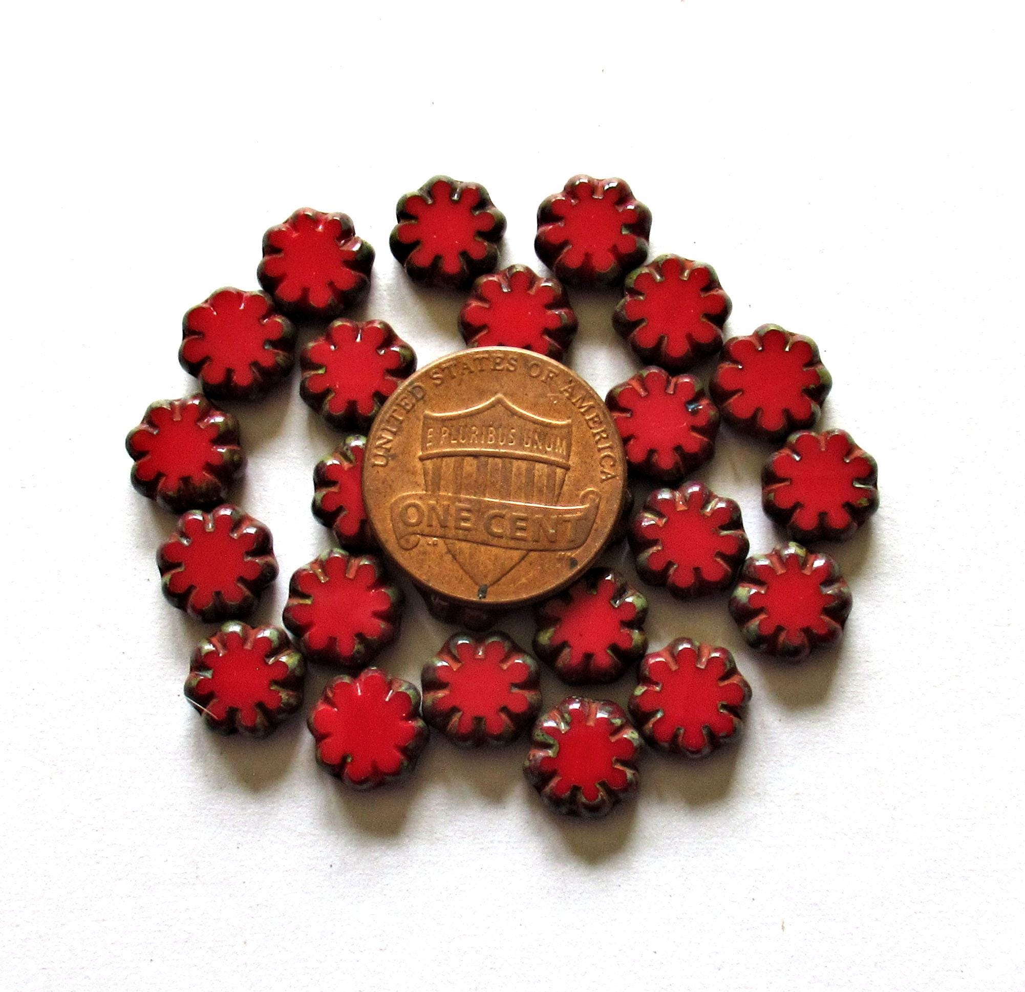 15 Czech glass cactus flower beads - opaque red picasso beads - 9mm - table cut - C00612